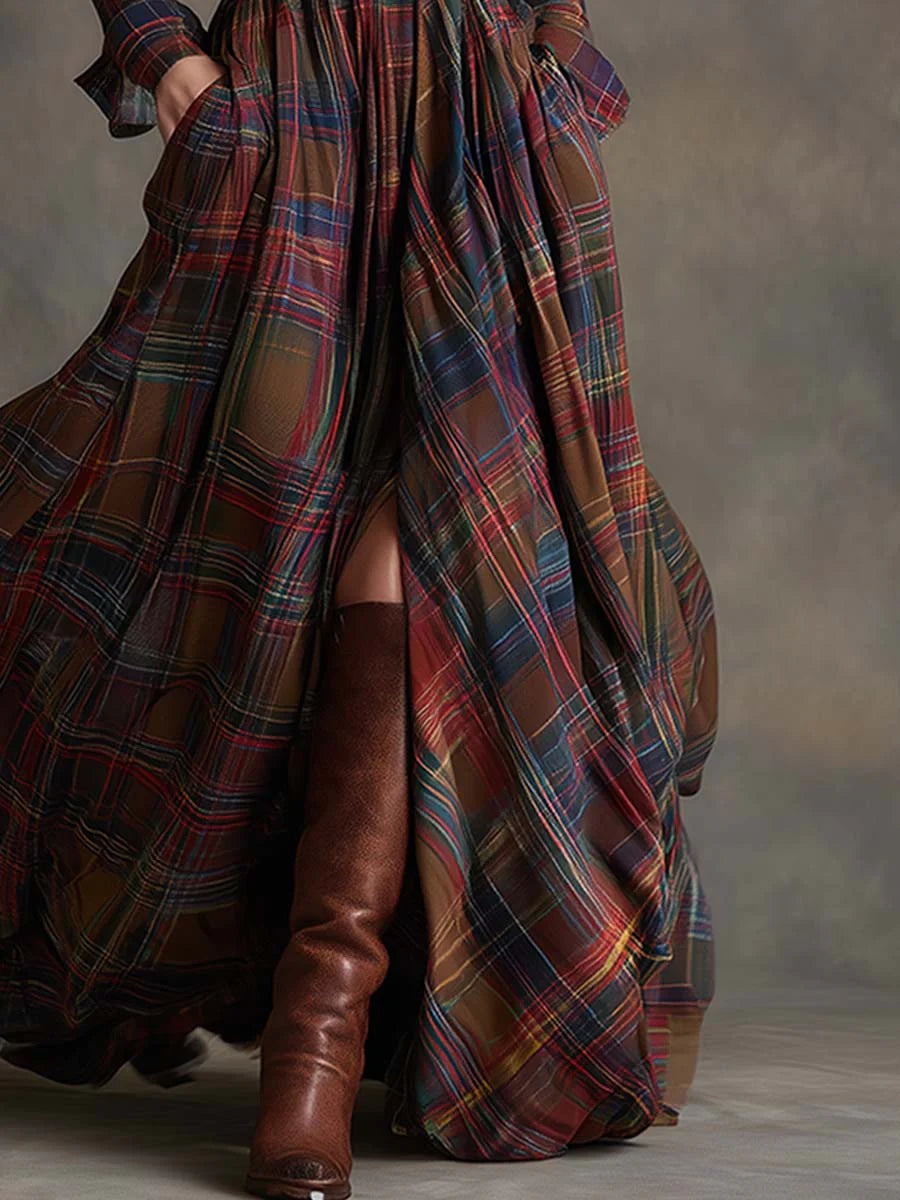 Beatriz | Robe longue à carreaux avec ceinture