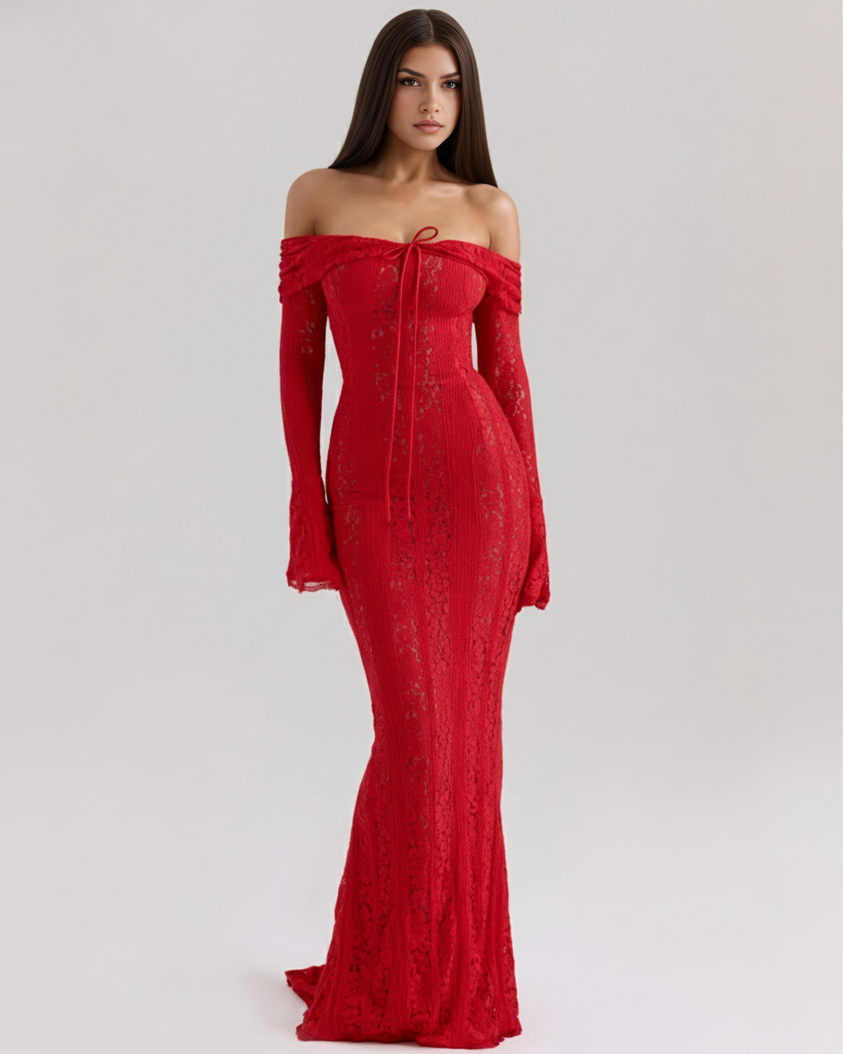 Robe longue en dentelle avec décolleté bardot