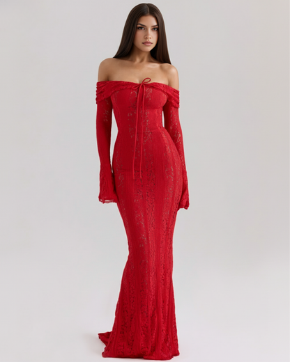 Robe longue en dentelle avec décolleté bardot