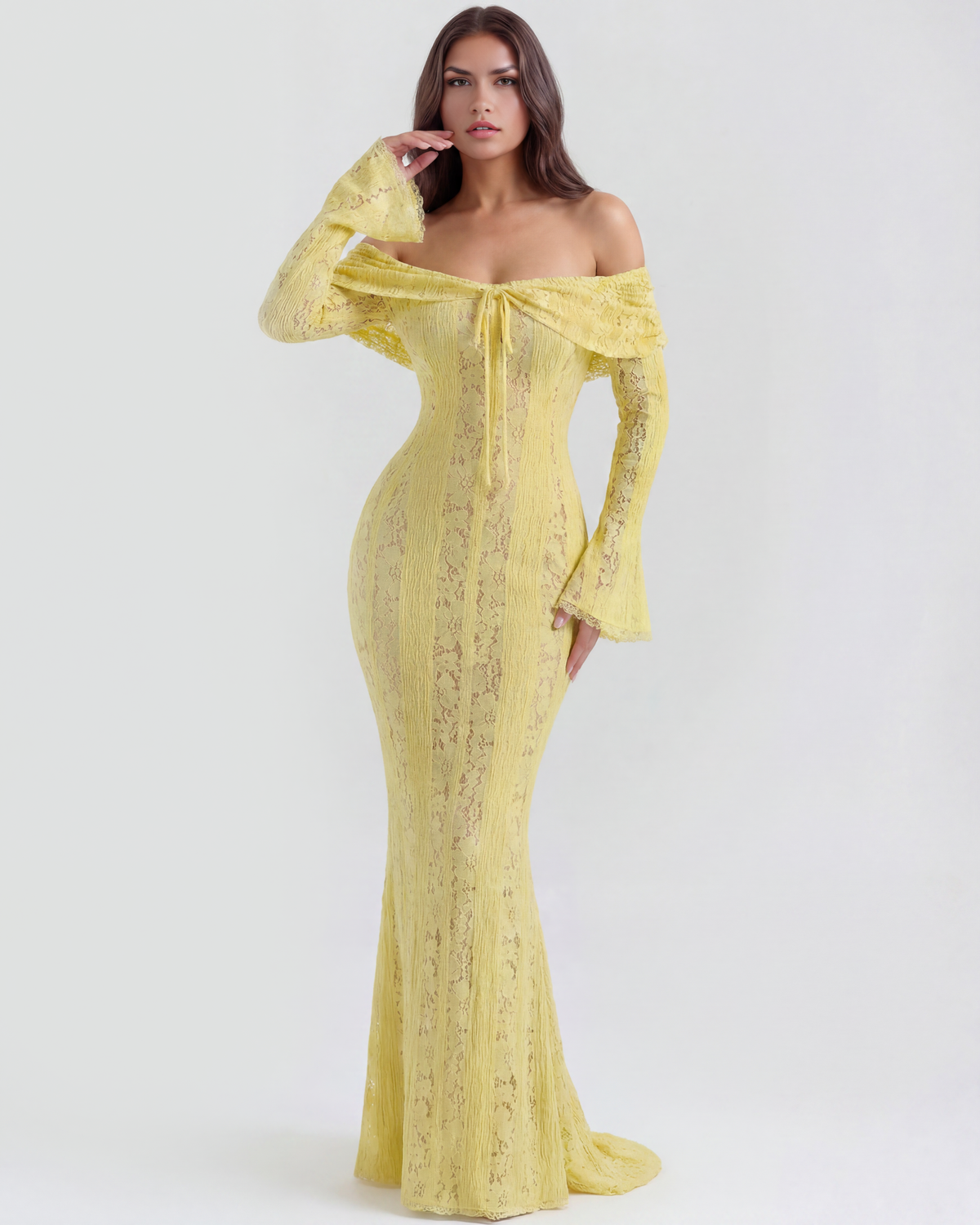 Robe longue en dentelle avec décolleté bardot
