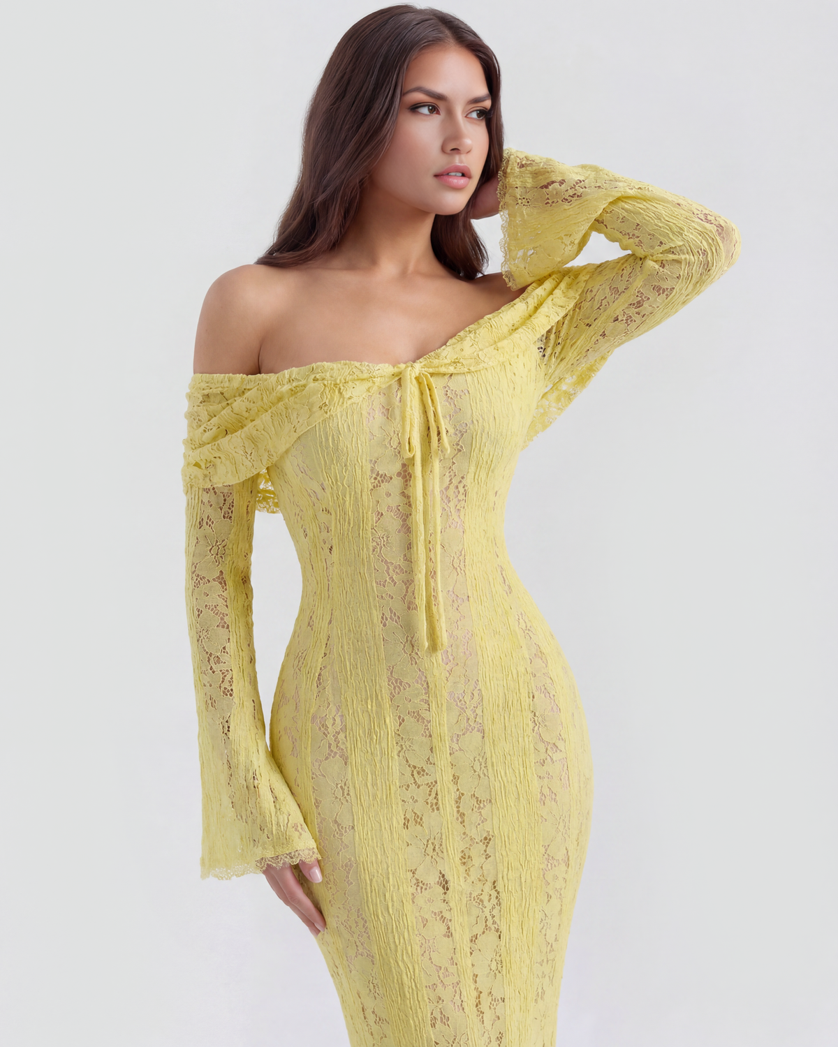 Robe longue en dentelle avec décolleté bardot