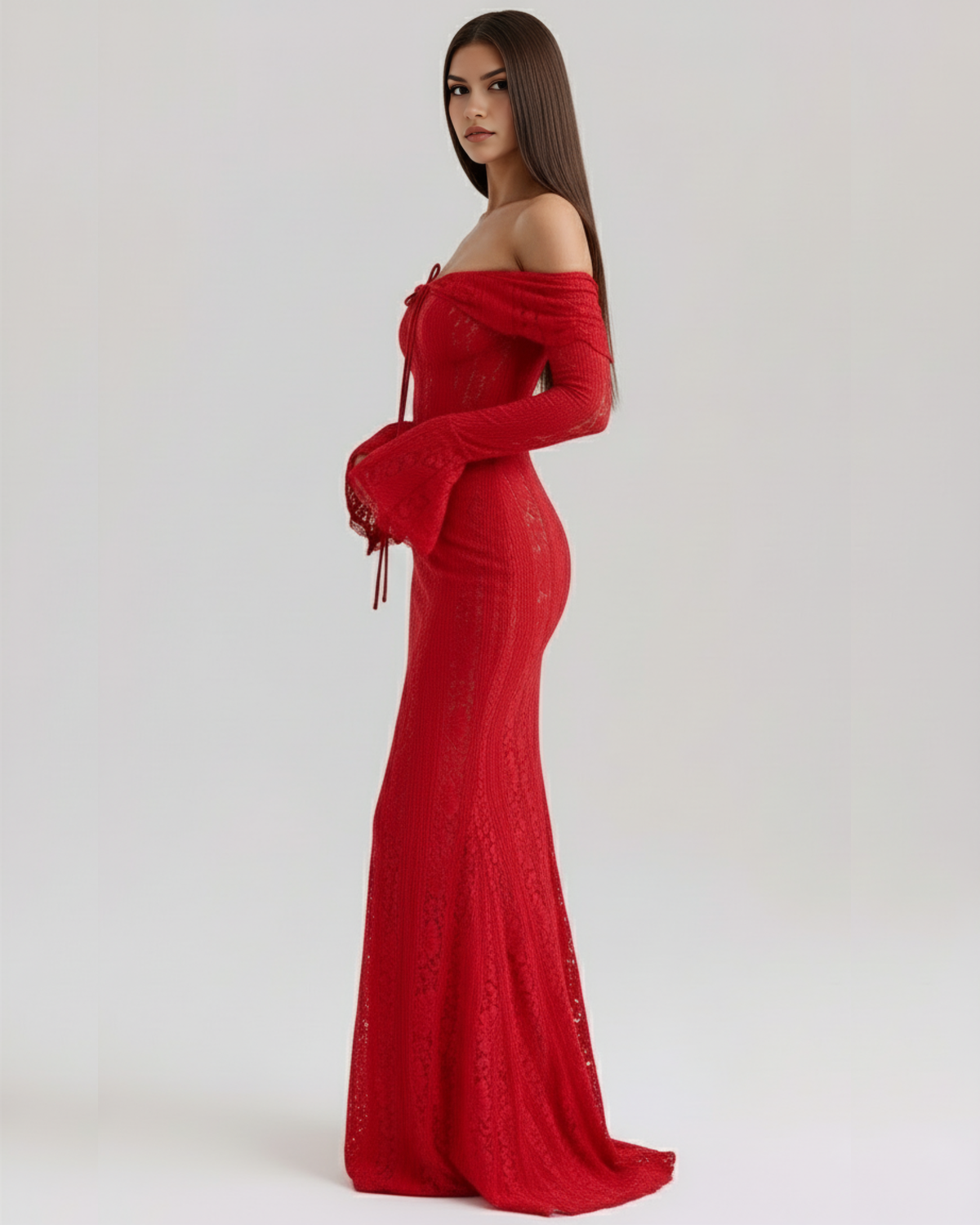 Robe longue en dentelle avec décolleté bardot
