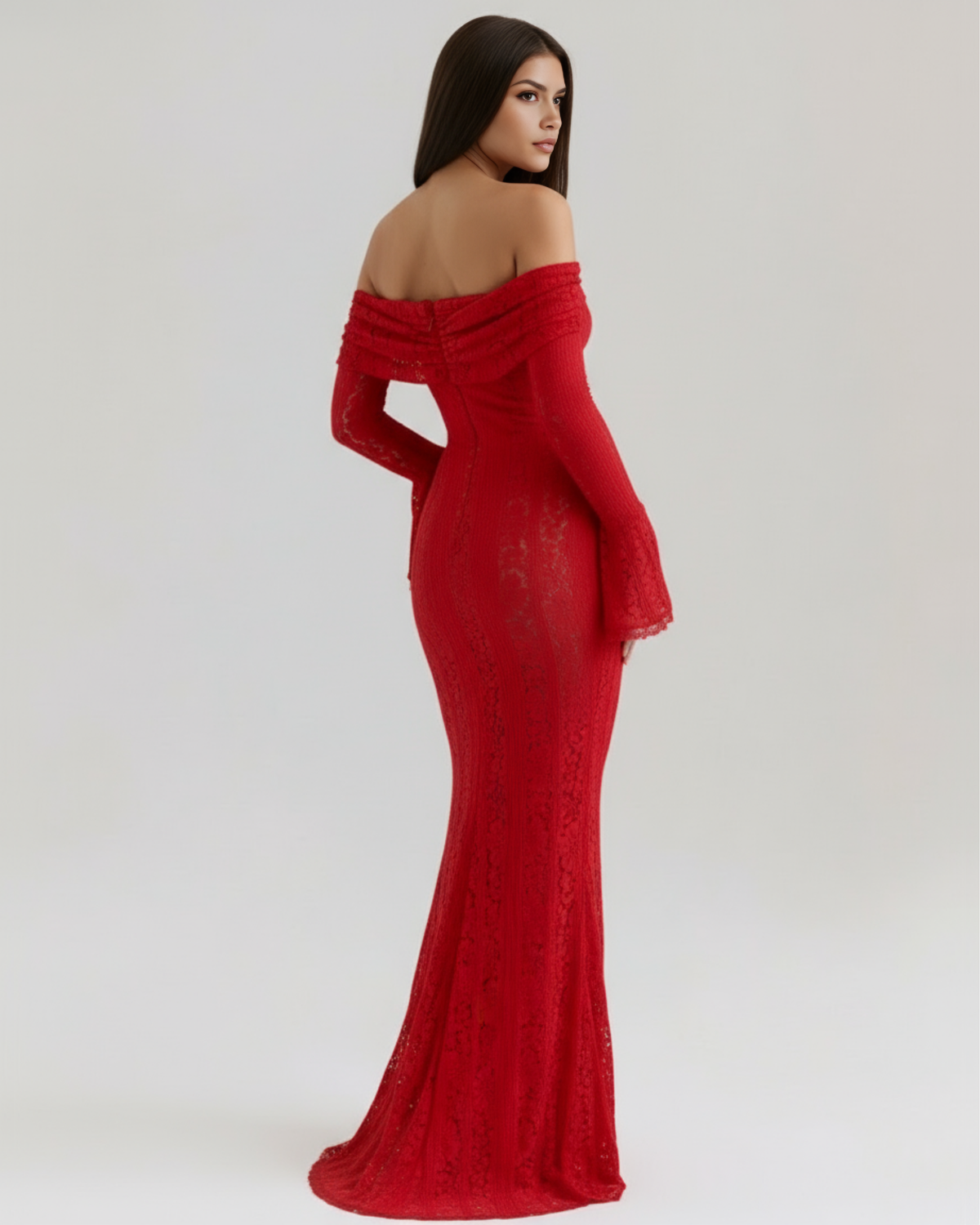 Robe longue en dentelle avec décolleté bardot