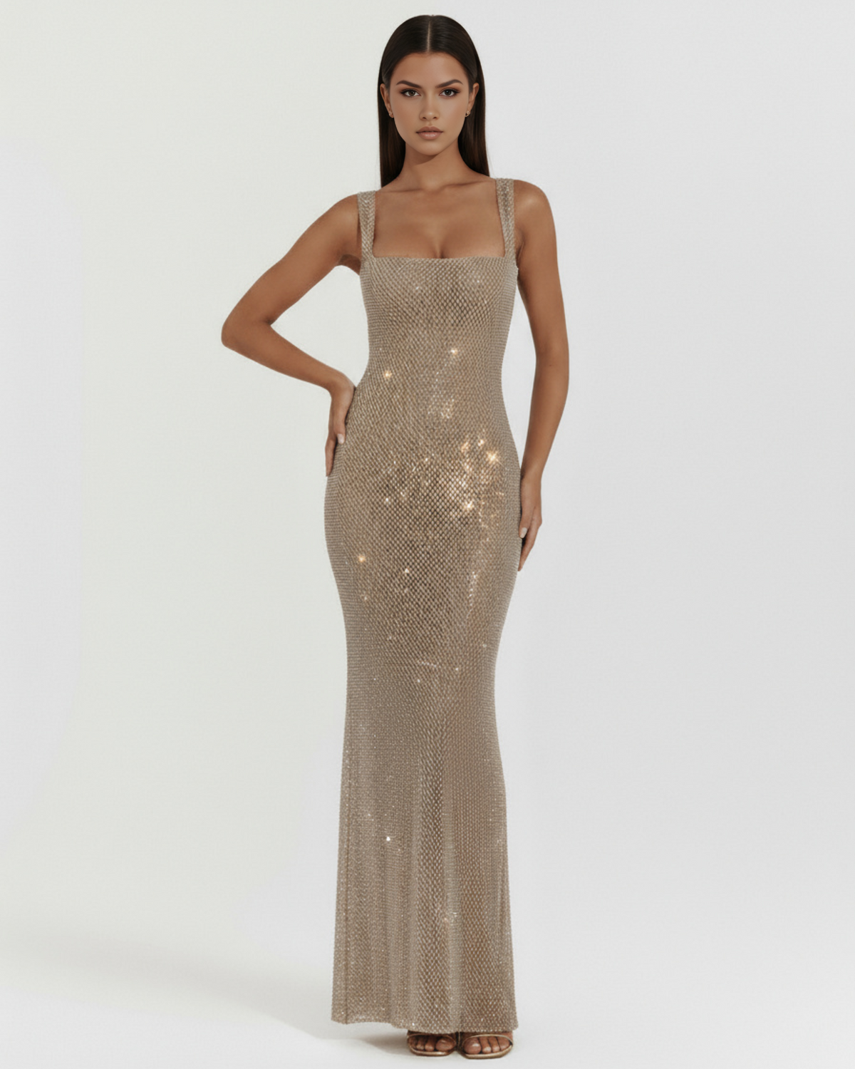Robe longue brillante avec décolleté carré