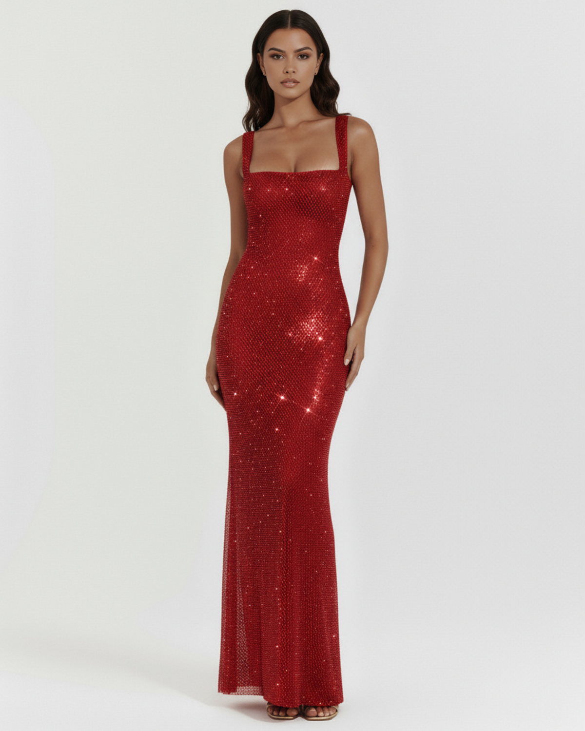 Robe longue brillante avec décolleté carré