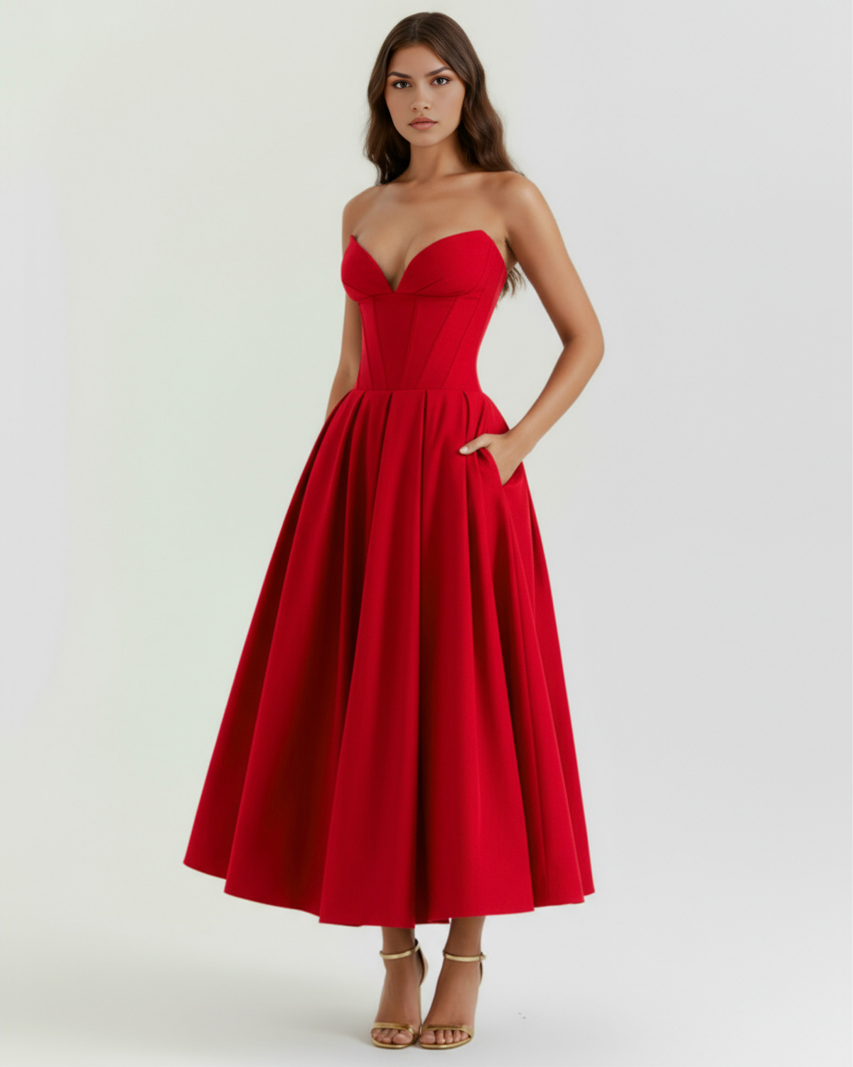 Robe midi bustier à jupe évasée