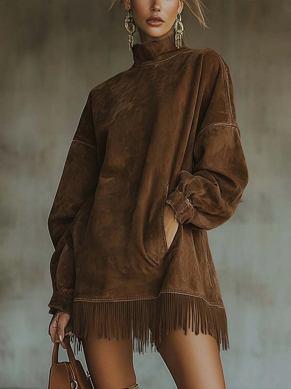 Gabriela | Robe en daim à col roulé et franges