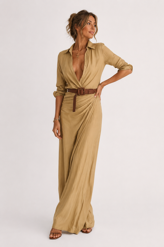 Estrella | Maxi Vestido con Solapa y Cinturón en la Cintura