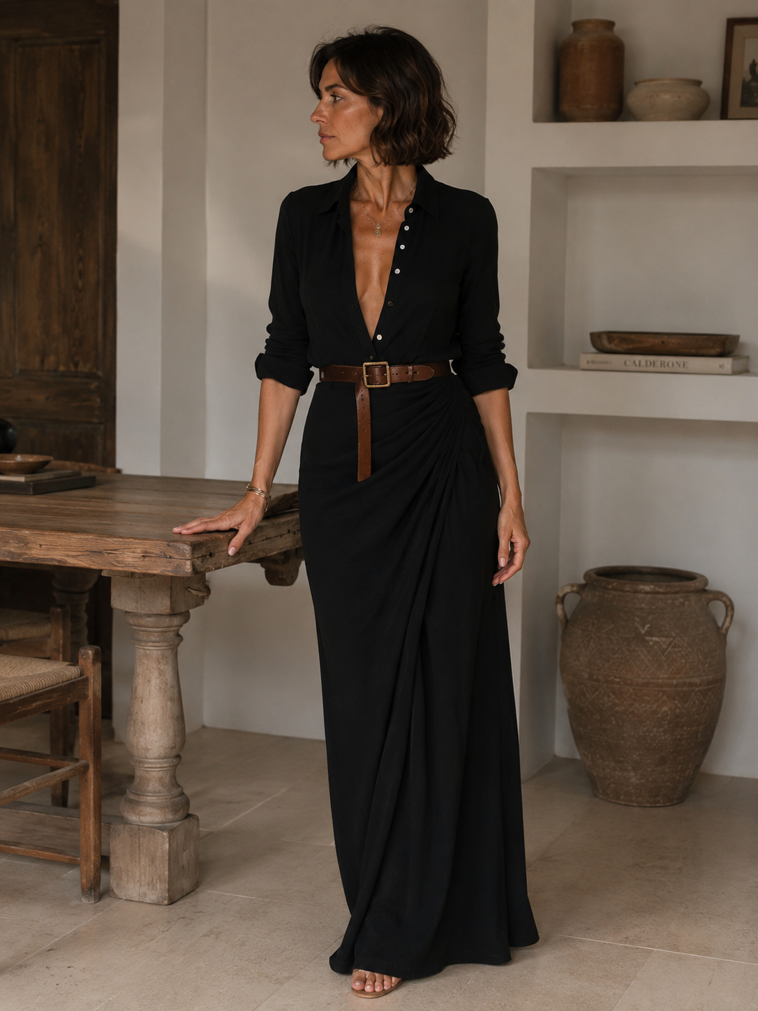 Estrella | Maxi Vestido con Solapa y Cinturón en la Cintura