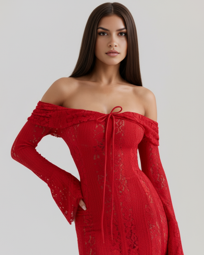 Robe longue en dentelle avec décolleté bardot