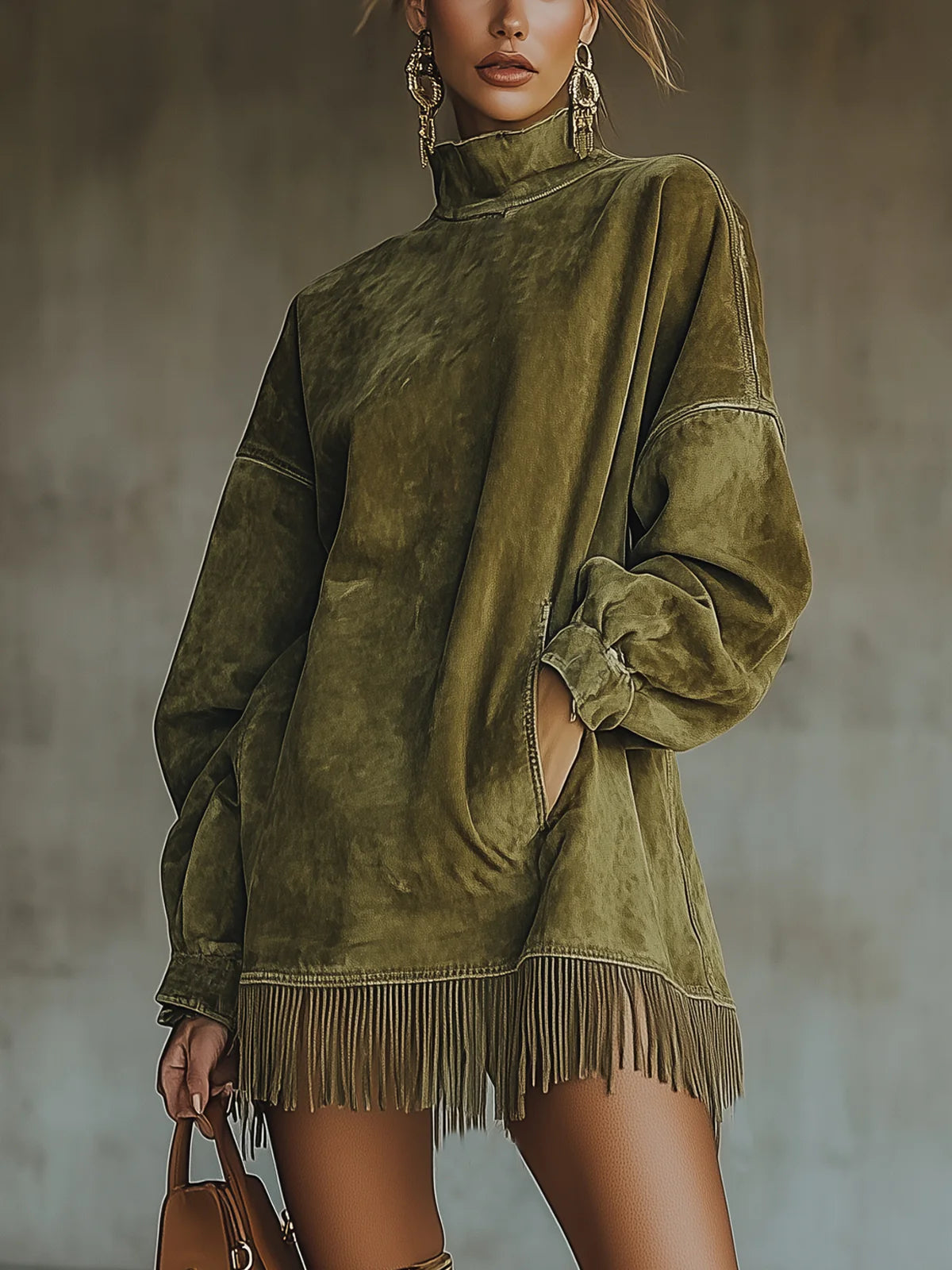 Gabriela | Robe en daim à col roulé et franges