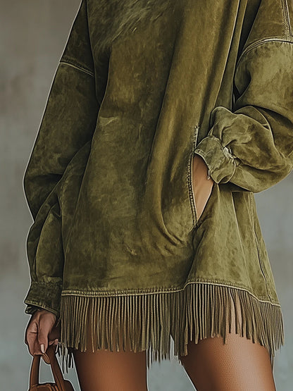 Gabriela | Robe en daim à col roulé et franges