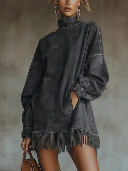 Gabriela | Robe en daim à col roulé et franges
