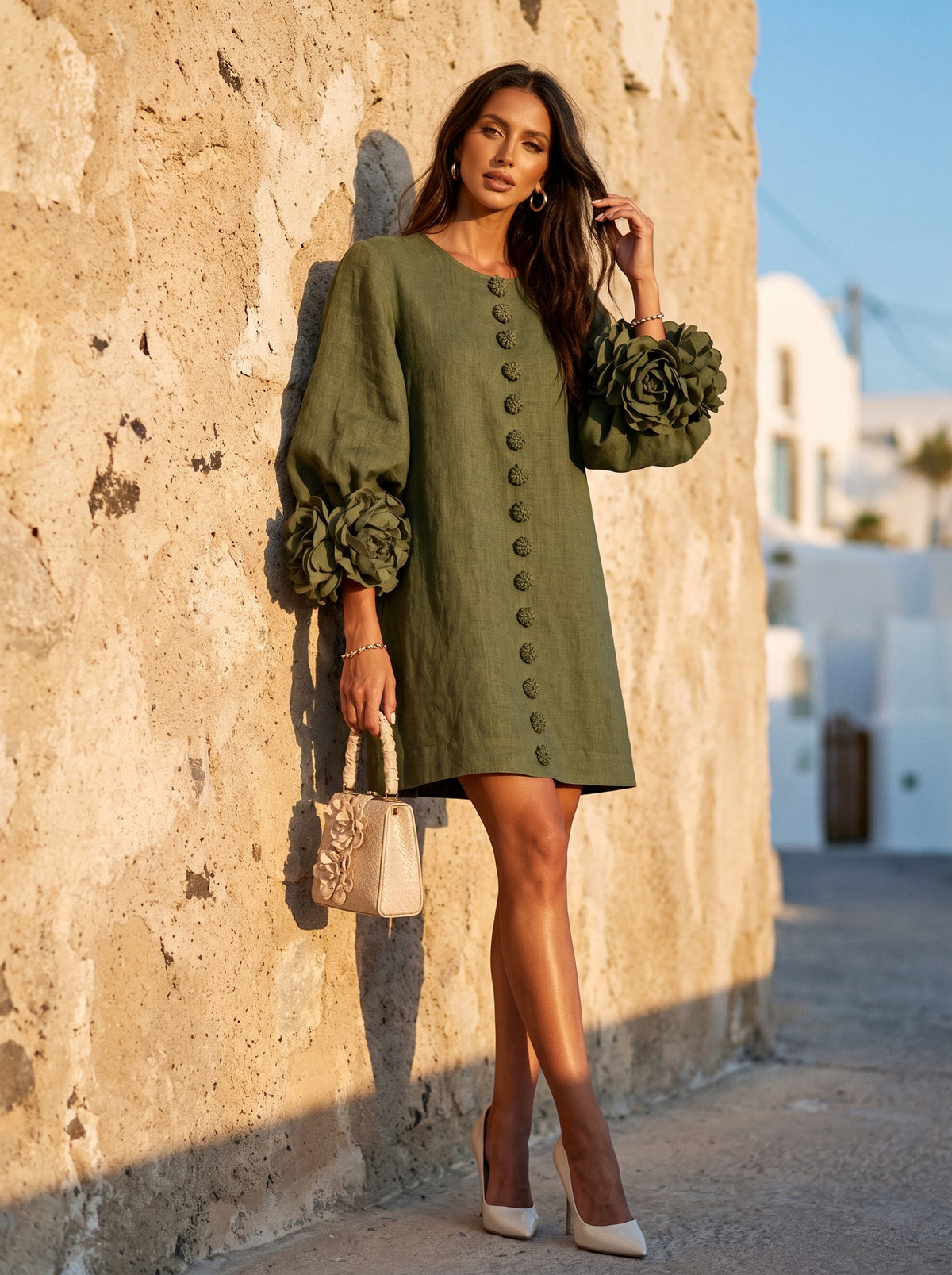 Vestido Mini de Camisa Floral Verde Oliva con Puños Florales Exuberantes