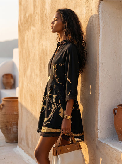 Donatella | Mini vestido negro con estampado de mármol dorado y encaje de ganchillo