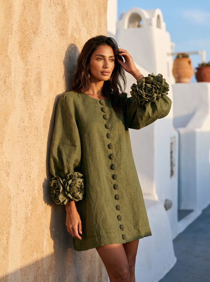 Vestido Mini de Camisa Floral Verde Oliva con Puños Florales Exuberantes