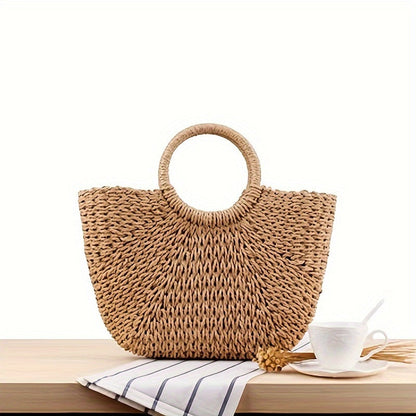 Serenella | Bolsa Media Luna de Paja Trenzada Cognac