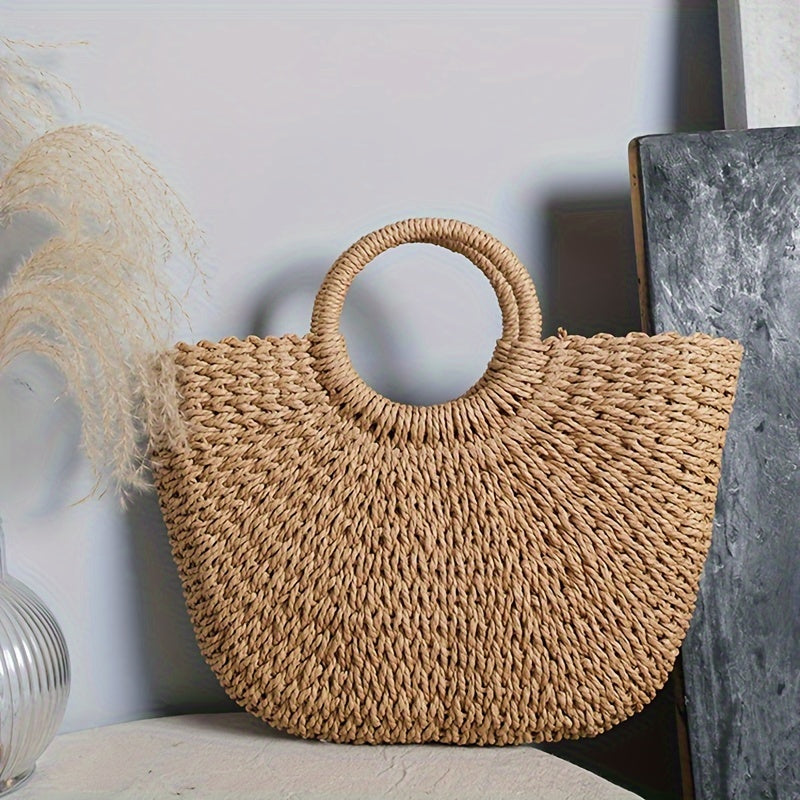 Serenella | Bolsa Media Luna de Paja Trenzada Cognac