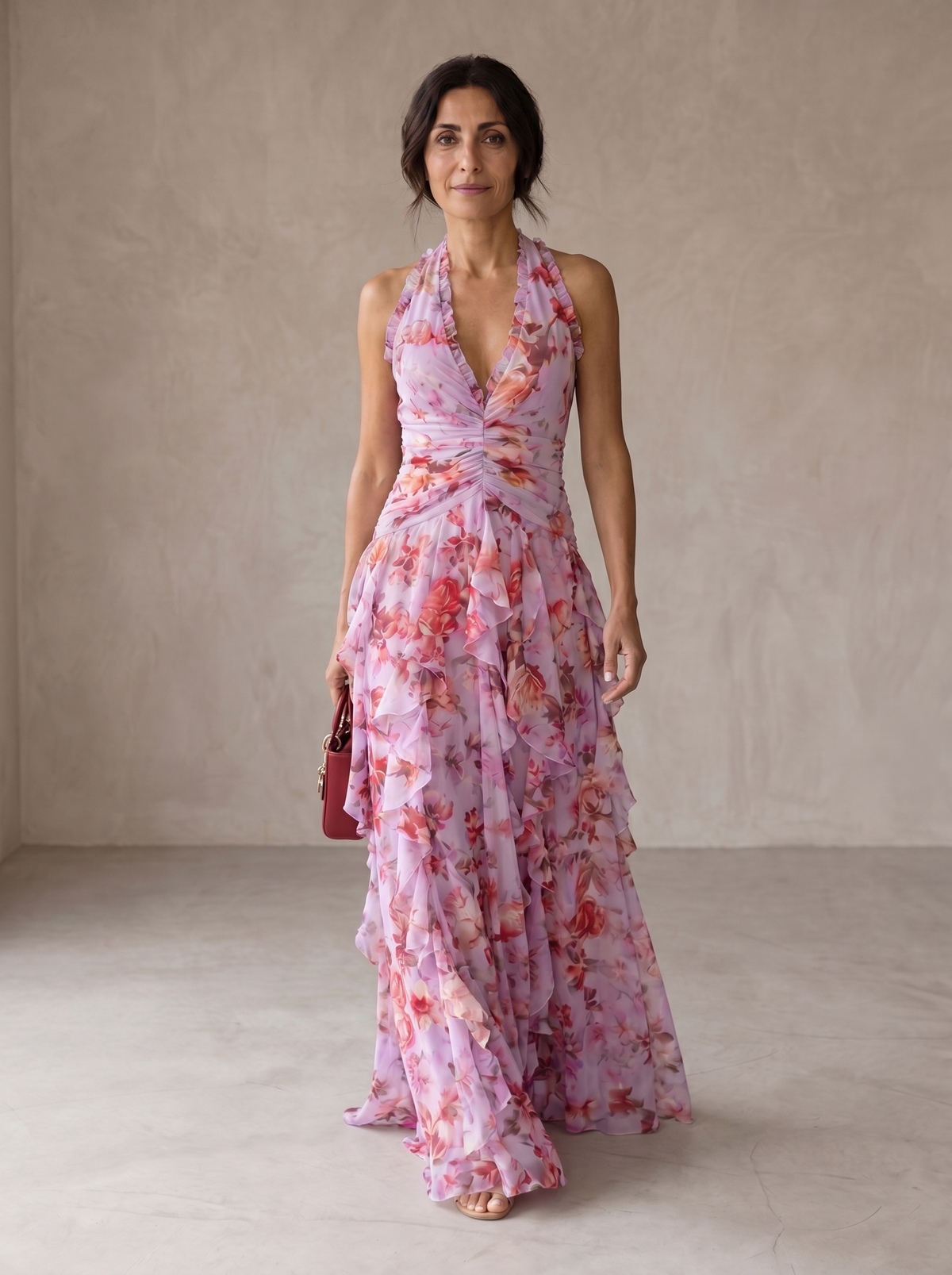 Belladina | Romántica Cascada de Rosas Vestido largo con Escote Americano