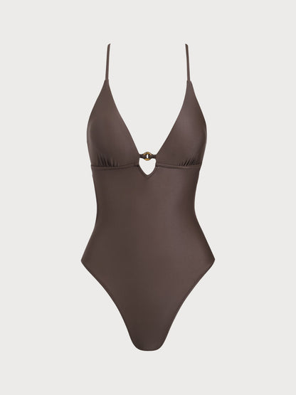 ECONYL® Traje de Baño Cortado en Color Café Oscuro
