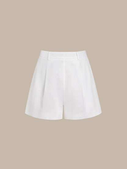 Shorts de Lino de Cintura Alta y Pliegues Blancos