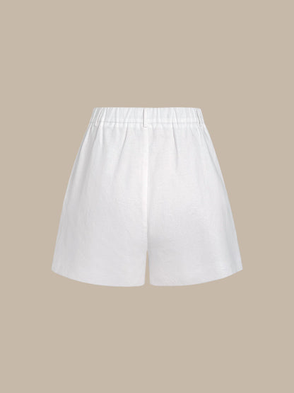 Shorts de Lino de Cintura Alta y Pliegues Blancos