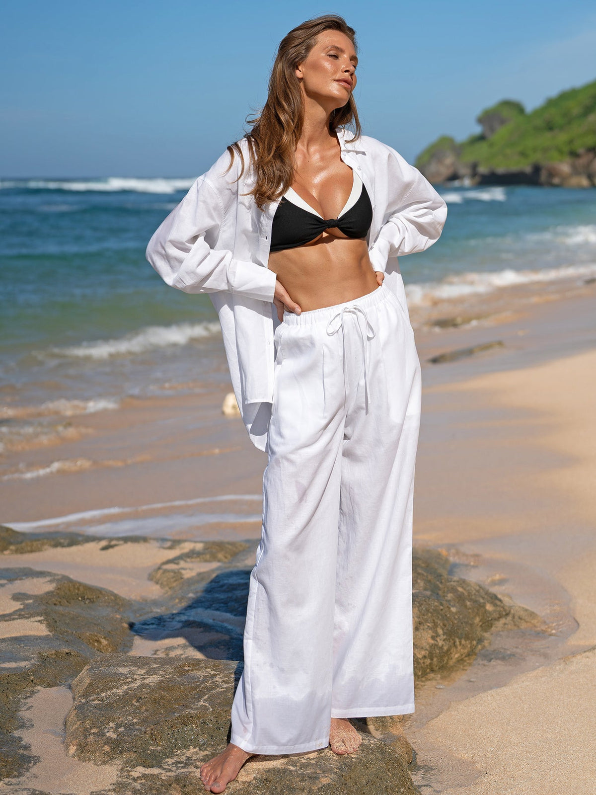 Pantalones Anchos de Algodón-Lino Blancos