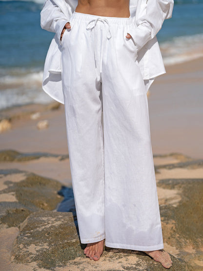 Pantalones Anchos de Algodón-Lino Blancos