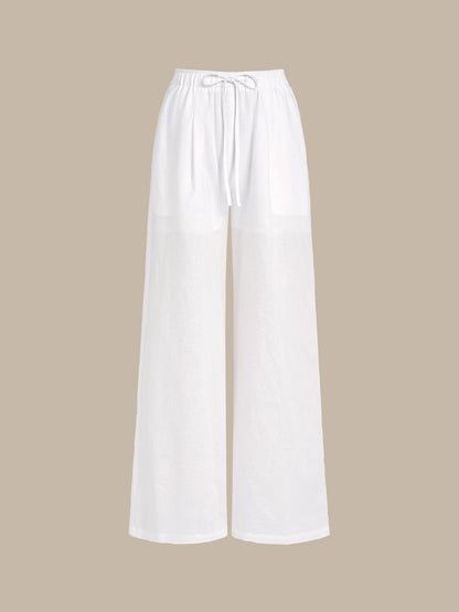 Pantalones Anchos de Algodón-Lino Blancos