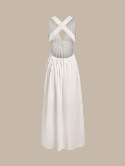 Vestido de Playa Plisado Blanco con Cuello en V