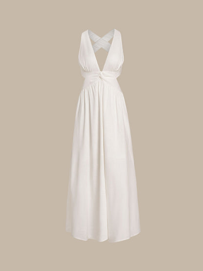 Vestido de Playa Plisado Blanco con Cuello en V