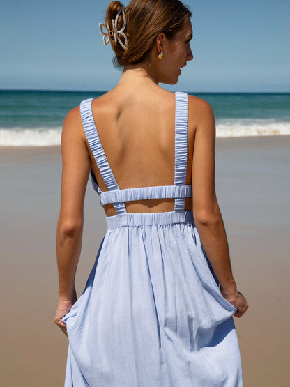 Vestido de Playa con Corte en la Cintura y Tirantes Fruncidos en Azul Pálido