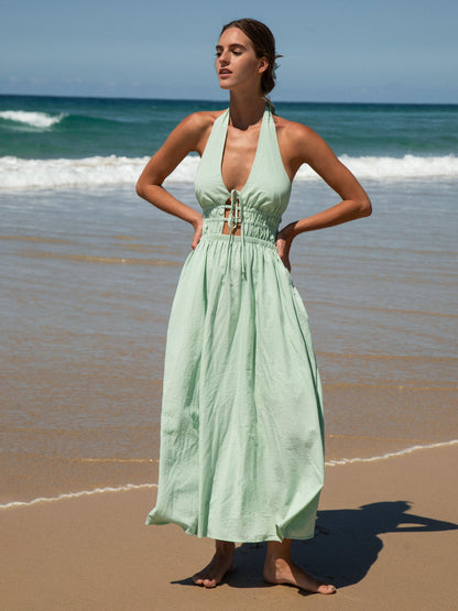 Robe longue de plage dos nu découpe vert clair