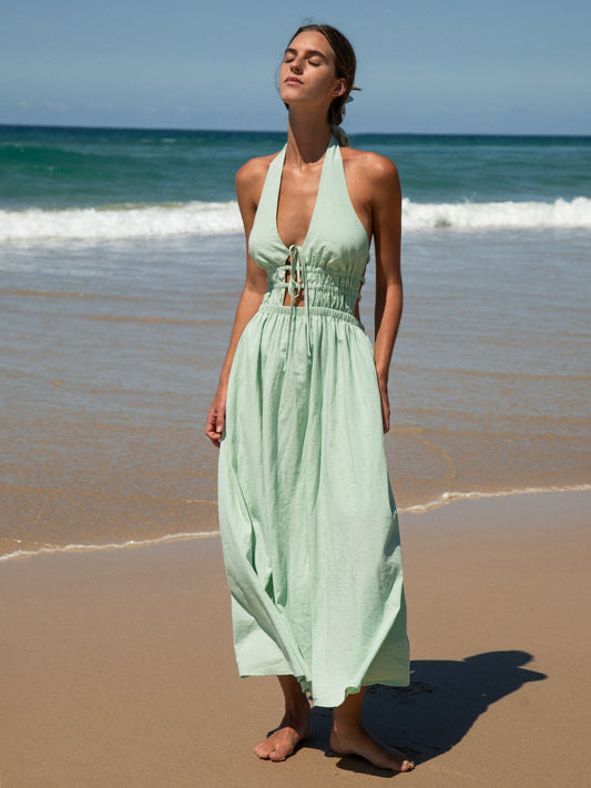 Robe longue de plage dos nu découpe vert clair