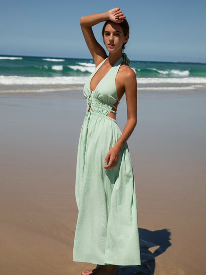 Robe longue de plage dos nu découpe vert clair