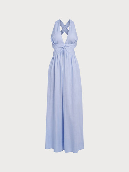 Vestido de Playa Plisado V Azul Claro