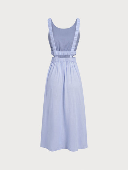 Vestido de Playa con Corte en la Cintura y Tirantes Fruncidos en Azul Pálido