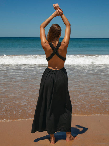 Robe de plage plissée noire à col en V