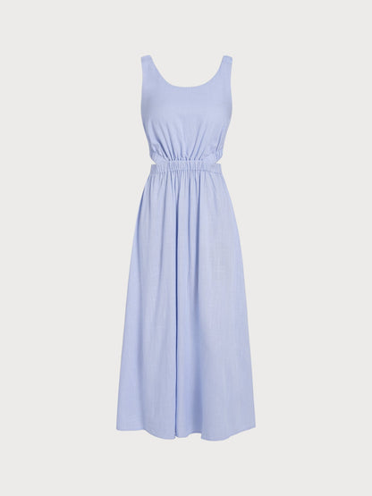 Vestido de Playa con Corte en la Cintura y Tirantes Fruncidos en Azul Pálido