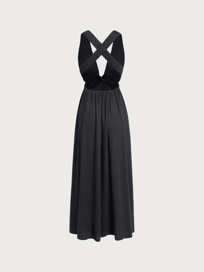 Robe de plage plissée noire à col en V