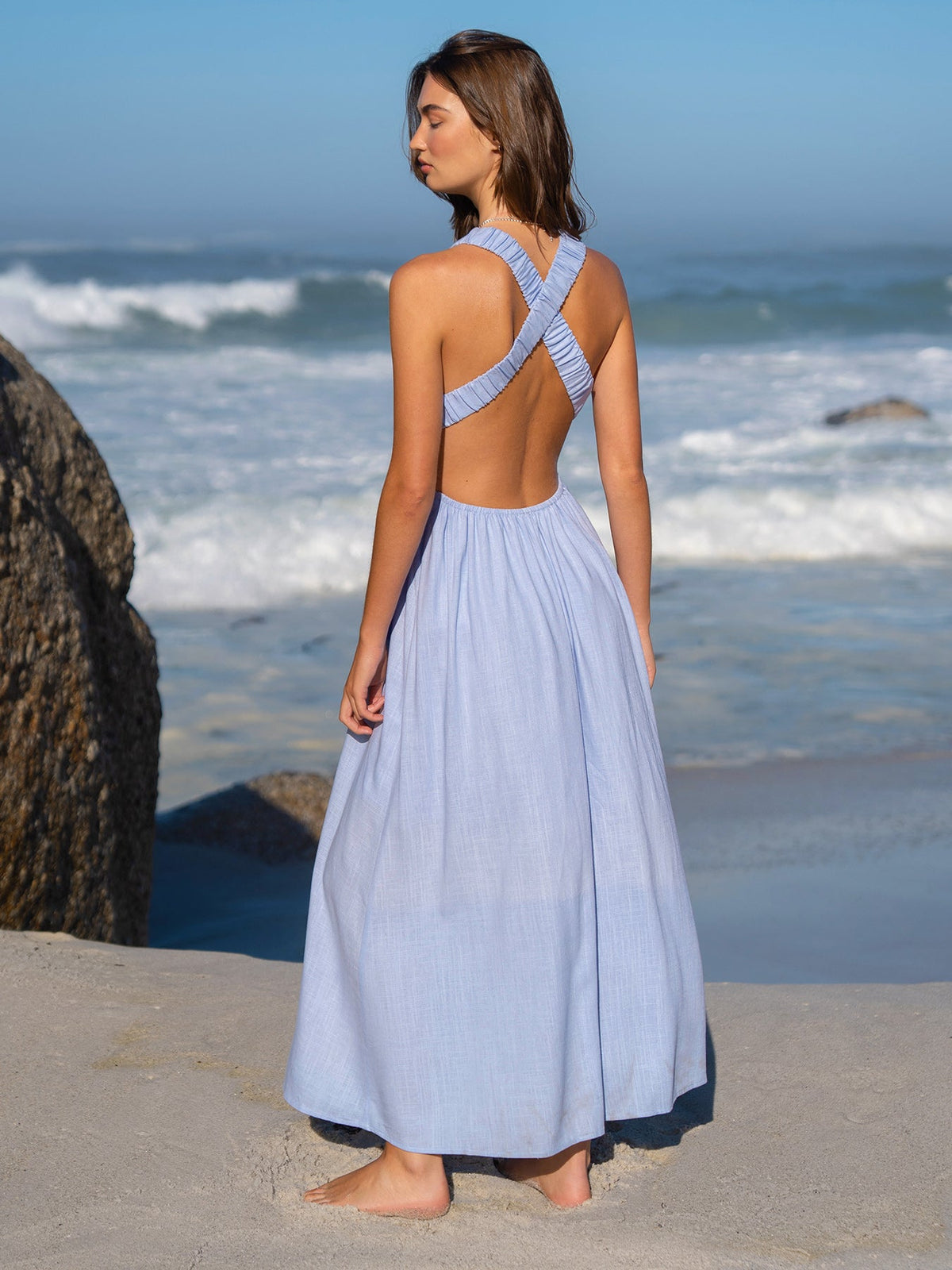 Vestido de Playa Plisado V Azul Claro
