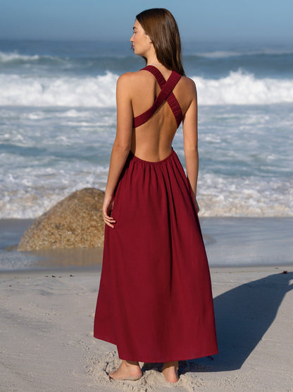 Vestido de Playa Plisado Vino Rojo