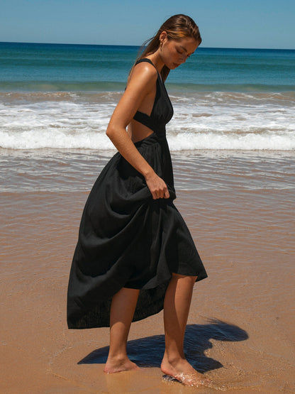 Robe de plage plissée noire à col en V