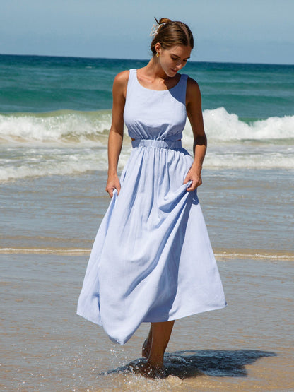 Vestido de Playa con Corte en la Cintura y Tirantes Fruncidos en Azul Pálido
