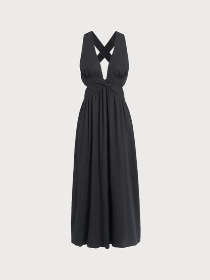 Robe de plage plissée noire à col en V